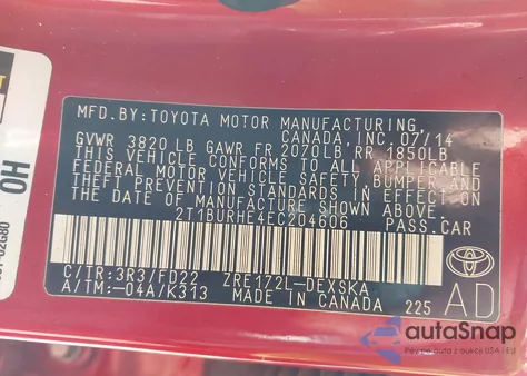 2014 Toyota Corolla S Plus from USA, damaged, VIN 2T1BURHE4EC204606